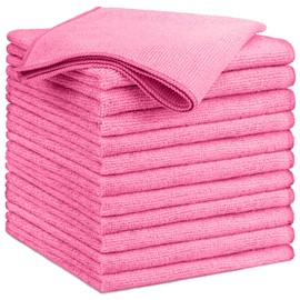 GLIMGLINT Pink Microfiber Cleaning Cloth, 12 Pack Cleaning Towels for Kitchen, Lint Free, Scratch-Free, Highly Absorbent, and Reusable Cleaning Rags for House, Window and Glass, Cars, 14"X12"