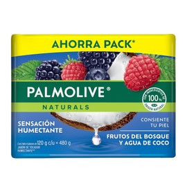 Palmolive Naturals Jabón de Baño Frutos del Bosque y Agua de Coco en Barra 4 x 120 g. Fórmula Infusionada con Ingredientes 100% de Origen Natural que Dejan una Sensación Humectante