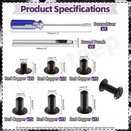 Swpeet 152Pcs M5x5mm, 6mm, 8mm, 10mm, 12mm Black Screws Leather Rivets Assorted with Hole Punch and Screwdriver, Round Flat Head Stud Screw for DIY Leather Craft and Bookbinding