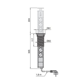 Emuca - Retractable Power Strip Quick Charge, 3 EU Schucko Sockets, 2 USB A + 1 USB C, Retractable Recessed Socket, Metallic Grey, Plastic, Aluminium