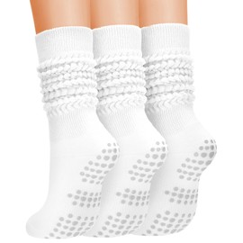 Airpal 3 Pairs Grip Pilates Socks for Women, Non Slip Yoga Slouch Socks Barre Workout Scrunch Socks (One Size, 3Pairs - White)