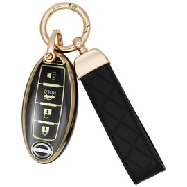 SUNCARACCL for Nissan Key Fob Cover with Leather Keychain, Soft TPU Full Cover Protection Key Case for Altima Maxima Rogue Armada Pathfinder Smart Key(Black)