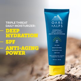 Oars + Alps Travel Sunscreen for Face & Everday Use, SPF 37 Anti Aging Face Sunscreen & Body Lotion, Infused with Hyaluronic Acid, Vitamin E and B5, No White Residue, Water & Sweat Resistant, 2oz