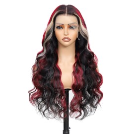 Aolvoblees Skunk Stripe Human Hair Wig Ombre 250% Density 13X4 Body Wave 1B/27/99J Highlight Burgundy HD Lace Front Frontal Glueless Colored Wigs Human Hair Pre Plucked for Black Women 28 Inch
