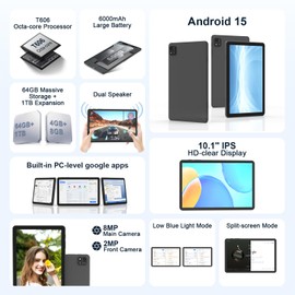 Android 15 Tablet,10.1inch Tablet with 1280x800 IPS HD Touchscreen,Octa-Core Processor,12GB RAM 64GB ROM(1TB Expand),6000mAh Long Battery Life,18W 2X Faster Charging,WiFi5,BT5.0,Dual Camera (Black)