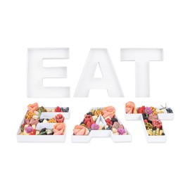 Restaurantware White Charcuterie Letters Fillable EAT Letter Tray 1 Count 2 1/2" x 12" x 4 3/4" Grease-Resistant and Microwavable Letters Food Tray for Catering Event, Buffets and Bakeries