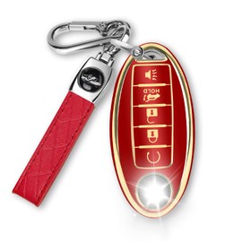 MILD EAST 5 Button Key Fob Cover for Altima Armada Maxima Murano Pathfinder Rogue Infiniti, Soft TPU Key Case Shell with Leather Keychain Full Key Protector, Red