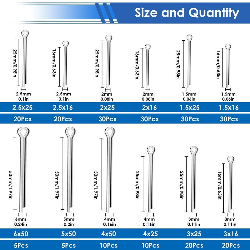 Seept 230Pcs Cotter Pins 304 Stainless Steel Cotter Pins Assortment