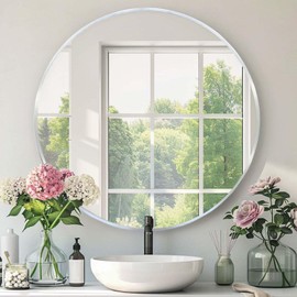 Mfring Round Silver Mirror, 30 Inch Circle Silver Mirror, Metal Frame Round Wall Mounted Mirrors for Bathroom, Living Room, Bedroom, Entryway, Vanity, Chrome, Nickel