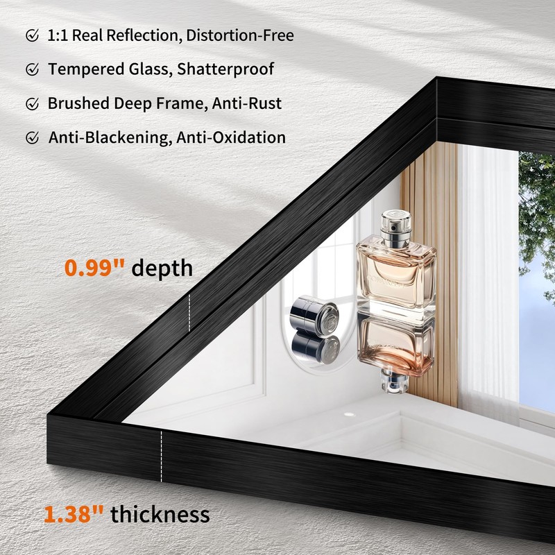CIRCUMI Black Bathroom Mirror, 30"x36" Rectangular Mirror with Deep Metal