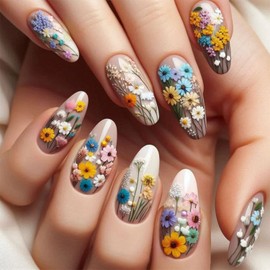 Press on Nails for Women Short Almond French Tip Fake Nails Colorful Daisy Flowers Acrylic Nail Fake Nails Press 24 Pcs (Colorful-19, Nails-19)