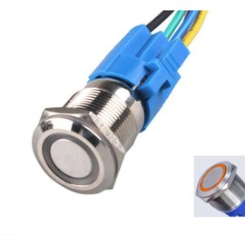 Mossally 16mm Latching Push Button Switch On Off Momentary 12V Waterproof LED Angel Ring Head for 0.63" Mounting Hole with Wire Socket Plug Self-Reset (Ring Yellow LED/Sliver Shell)