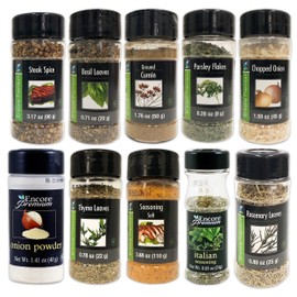 eonou Encore Seasonings and Spices 10 pk - Premium Cooking Spices and Herbs (Oregano, Rosemary, Basil, Parsley, Italian Seasoning, Cumin, Steak Spice, Chopped Onion, Onion Powder, Thyme)