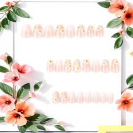 Daisy Press on Nails Medium Ballet Shaped White Flower Daisy Pattern Design Spring Acrylic False Nail Full Cover Glossy White Gradient Artificial Fingernails Reusable Glue on Nails for Women