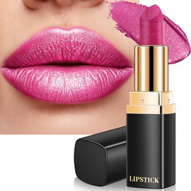 Glitter Metallic Lipstick Long Lasting,Rose Pink Creamy Lip Gloss for Women