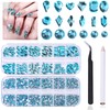 3120 Lake Blue Diamond Nail Rhinestones, HOINCO Crystal Nail Rhinestones, 3D Mixed Size Crystal AB Flat Bottom Gemstone for Nail Art DIY Craft Decoration with Crayon Tweezers