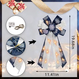 Large Christmas Wreath Bows with Mini LED Strip Christmas Navy Blue Snowflake Ribbon Bows for Wreath, Tree Topper Bows for Xmas New Year Home Indoor Outdoor Party Decoration Wreath Ornament Supplies