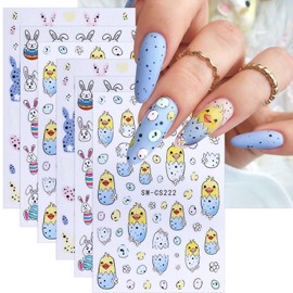 Easter Nail Art Stickers Decals Cute Bunny Chick Nail Stickers 6PCS 3D Rabbit Egg Leopard Print Heart Design Supplies Spring Slider Adhesive Manicure Accessories Easter Nail Stickers Decorations