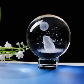 6cm/2.36 in. Crystal Ball Engraved 3D Rabbit and Moon Ornament, Glass Bunny Figurine Collectible Paperweight, Rabbit Gifts for Rabbit Lovers on Birthday Christmas