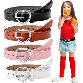 Newcotte 4 Pcs Girls Belt Size 6-12 Kids PU Leather Waist Belt Hollow Heart Design Metal Buckle for Girl Dress Pants Jeans (Black, White, Khaki, Pink, Suit for Waist Size 18"-22")