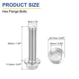 sourcing map 6Pcs M12 x 50mm Hex Serrated Flange Bolts Screws, 304 Stainless Steel Flanged Hex Head Bolts Flange Hexagon Screws for Households, Machine Tools, and DIY project, Silver