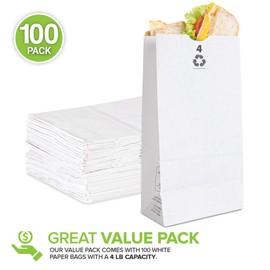 4 Lb Kraft White Paper Bags Lunch (100 Count) - Bulk Disposable Lunch Sacks, Small Size Blank Bag for Kids, Good for a Snack, Sandwich, Grocery Food, and Arts & Crafts Projects, Stock Your Home
