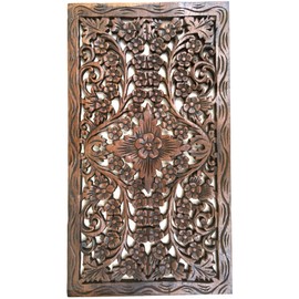 Asiana Home Decor Wood Carved Panel. Decorative Thai Wall Relief Panel Sculpture.Teak Wood Wall Hanging in Dark Brown Finish Size 24"x13.5"x0.5"