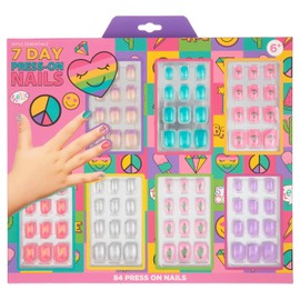 7 Day Manicure Collection - 84PC Press On Nail Set, Day-Of-The-Week Adhesive False Nails for Girls (PEACE & LOVE Collection) – Colorful Novelty Designs Stick On Nails For Kids