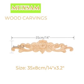 MUXSAM 1Pc Rose Wood Carved Onlays Decorative Appliques, Unpainted Long Center Carving Decal for Door Wall Ceiling Cabinet Dresser Mirror Bed Mantel Bench Fireplace Decor, 35x8cm/13.78"x3.15"