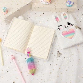 Belegao Rabbit Diary with Lock for Girls, Fluffy Journal with Lock Keys Purse and Pen Secret Diary for Kids Home School Travel Writing Notebook, Plush Rabbit Rainbow Heart