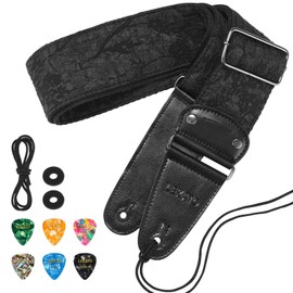 LEKATO Guitar Strap, Anaglyph Embossed Floral Guitar Strap, For Electric Bass, Acoustic Guitar, 2.5" Wide Base Strap, Pick & Lock, Cable Fixing, Padded Guitar Strap with Black