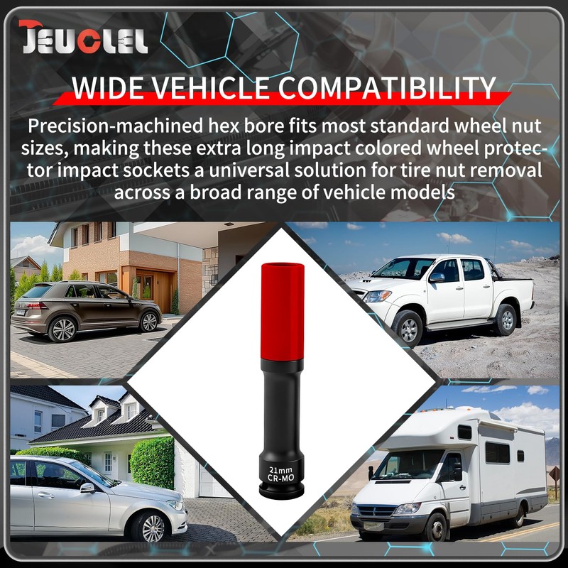 JEUCLEL 21mm 1/2"Extra-long Thin Wall Wheel Protector Impact Deep Socket,