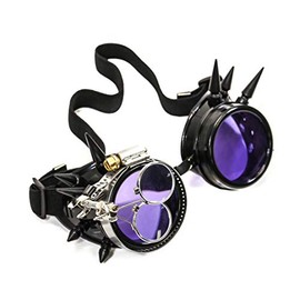 Steampunk Victorian Style Spike Goggles Colored Lenses & Ocular Loupe Mad Scientist (Purple)