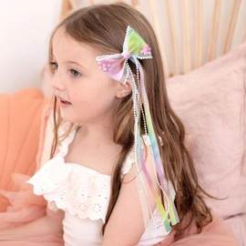 OAOLEER 6PCS Hair Bows for Girls, Rainbow Tulle Flower Hair Accessories with Alligator Clips Pearl Long Tail for Toddler Kids Back to School