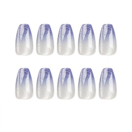 SINHOT Medium Press on Nails Coffin Fake Nails Glossy Glue on Nails Blue Ombre Acrylic Nails Ballerina Artificial Nails Bling Cat Eye Stick on False Nails with Design 24 pcs