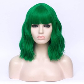 14 inch Fashion Big Wave Curly Bob Short Synthetic Wig Suitable for Women Cosplay Fancy Dress Wig with Free Wig Cap (Green)