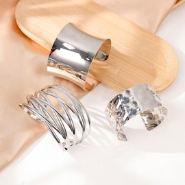 SOMEITIA 3Pcs Chunky Gold Cuff Bracelets Open Wide Bangle Bracelets Set for Women Minimalist Irregular Bracelet Statement Wrist Cuff Wrap Bracelet Jewelry StyleA Silver