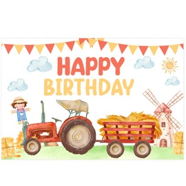 Wonmelody 5 * 3ft Tractor Birthday Backdrop Red Farm Tractor Party Decor Red Tractor Party Decor Tractor Themed Happy Birthday Party Backdrop Barnyard Tractor Party Decor for 1st 3rd Tractor Birthday
