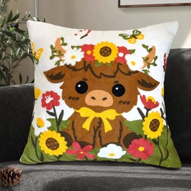 OECTVD Highland Cow Embroidered Throw Pillow Cover - 18x18 Outdoor Decorative Pillow Covers with Zipper for Couch Sofa Bedroom Cute Cow Soft Cozy Cotton Pillowcase Covers