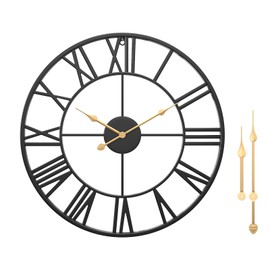 WGWART 24" Large Black Roman Numeral Wall Clock, Silent Battery Operated Big Metal Decorative Wall Clocks for Living Room Farmhouse