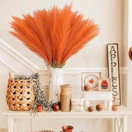 obbsie 50pcs Burnt Orange Faux Pampas Grass Decor, 21.6" Short Artificial Fall Pompous Grass Floral Fake Orange Pompas Grass Branches Vase Filler Flower Arrangement for Home Wedding Fall Decor
