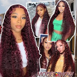 SAPPHIREWIGS Red Curly Lace Front Wigs for Black Women Highlight Burgundy Red Water Wave Synthetic Lace Front Wig with Pre-plucked Hairline Cosplay Daily Use 26 inch