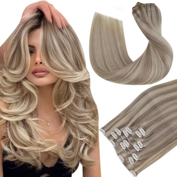 Hetto Clip-In Real Hair Extensions Blonde Real Hair Extensions Clip-In Natural Clip-In Remy Human Hair #17/23 Ash Blonde Highlights Light Blonde 120 g 55 cm