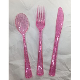 24 PINK Plastic Silverware Set | Glitter Pink Cutlery | Glitter Pink Plastic Cutlery Set | Disposable Flatware Set | 8 Forks, 8 Spoons, 8 Knives | UTENSILS