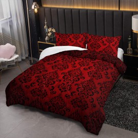 Nttopship Red Gothic Floral Print Comforter Set Twin Size,Vintage Damask Floral Bedding Set,Bohemian Exotic Printed Quilted Set for Teens Adult,with 1 Comforter and 2 Pillow Case