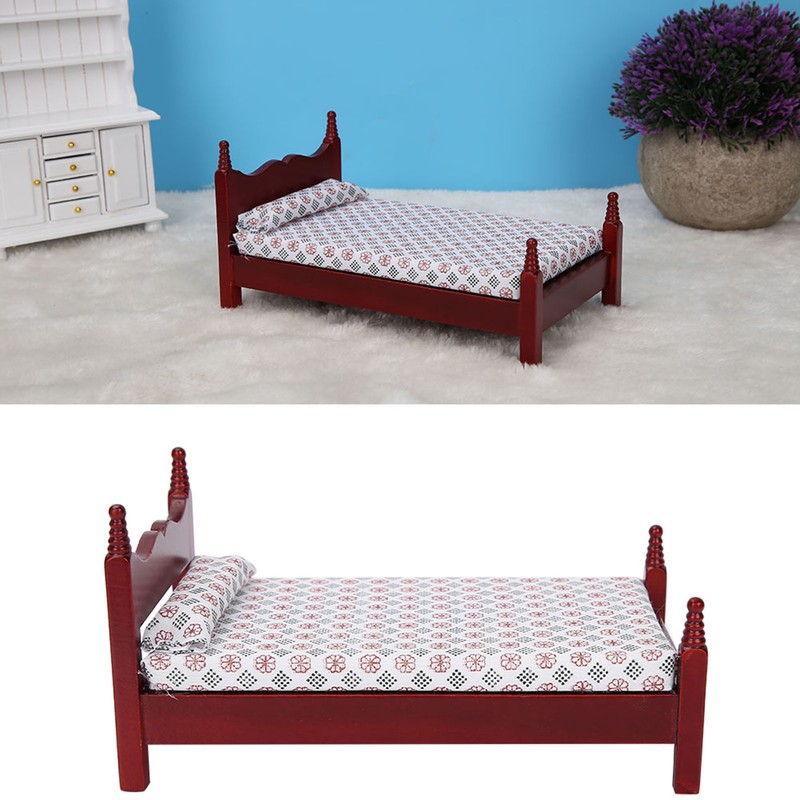 1:12 Doll House Mini Red Wooden Single Bed Furniture Accessory