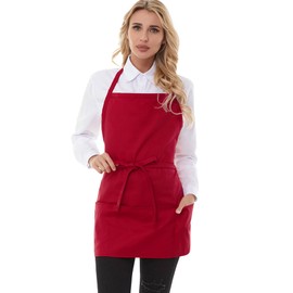 Y.F.H sunbest Chef Apron 3 Pocket Waiter Apron Adjustable Halter Apron Extra Long Belt Short Kitchen Cooking Apron Unisex Red