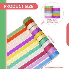 12 Rolls Glitter Washi Tape Set, Washi Tape Set Decorative Tape Craft Supplies Sparkling Decorative Tapes Foil Colored Masking Tape Metallic Color Tapes for Bullet Journal Gift Wrapping Scrapbooking