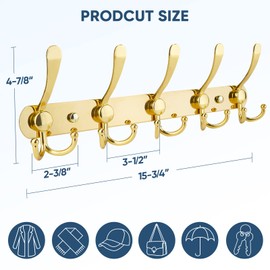 TICONN Wall Mounted Coat Rack, Five Heavy Duty Tri Hooks All Metal Construction for Jacket Coat Hat in Mudroom Entryway (Gold, 1-Pack)