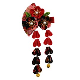 Japanese Style Women Flower Hair Clip Tassel Hair Ornament, Kimono Decor Fabric Hanfu Hairpin Accessories For Christmas Party Costume Gift (Black)